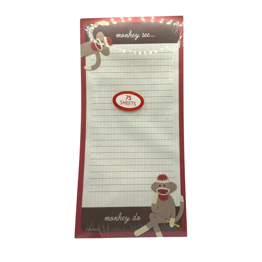 C.R. Gibson Magnetic List Pad Red Sock Monkey 75 Sheets Lined Notepad